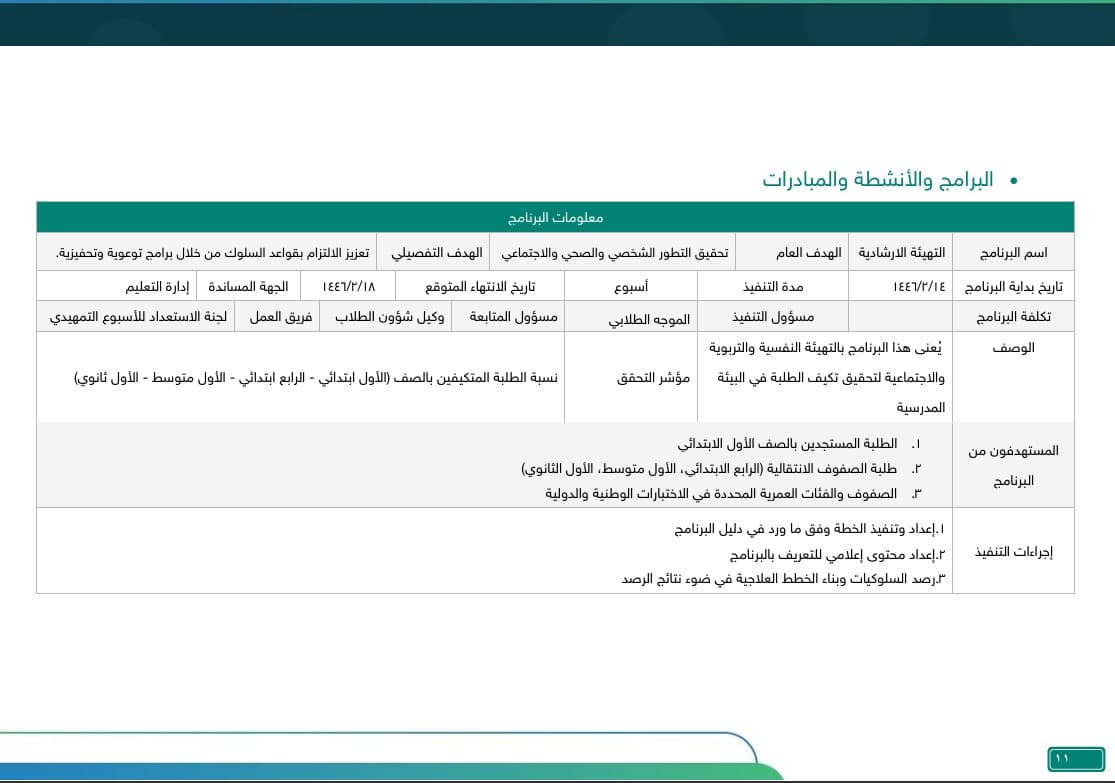 الخطة التشغيلية والفصلية - ابتدائي